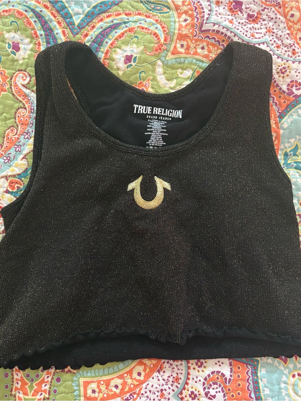 True Religion Black Metallic Crop Tank with Gold Horseshoe
